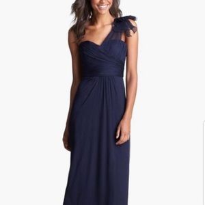 AMSALE bridesmaid one shoulder navy dress
